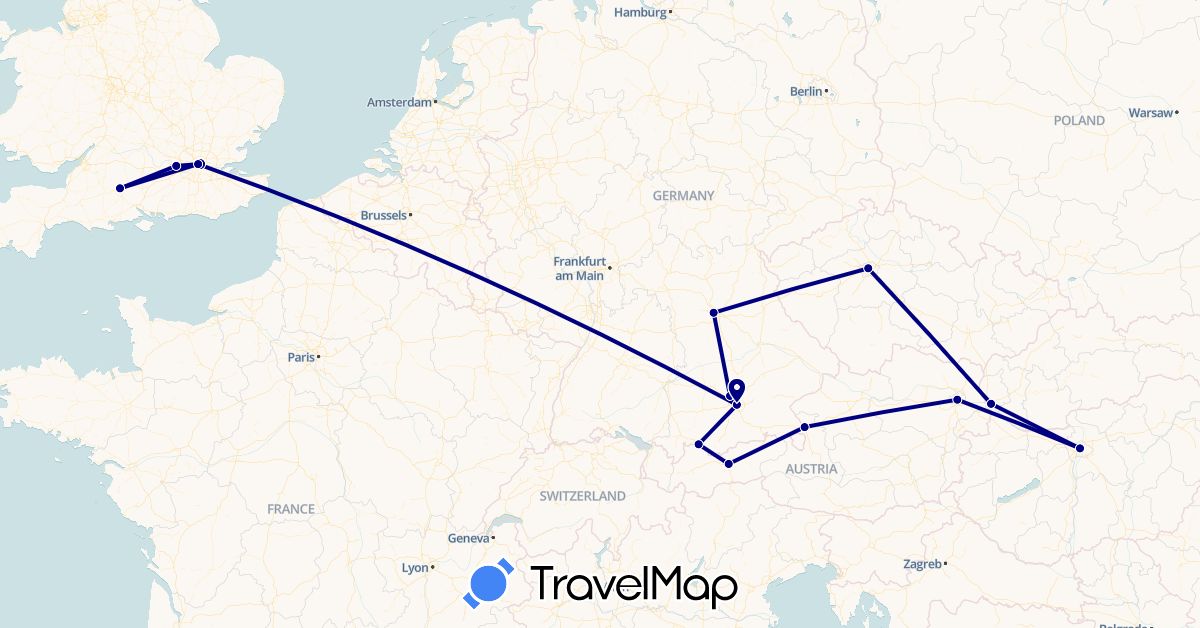 TravelMap itinerary: driving in Austria, Czech Republic, Germany, United Kingdom, Hungary, Slovakia (Europe)
